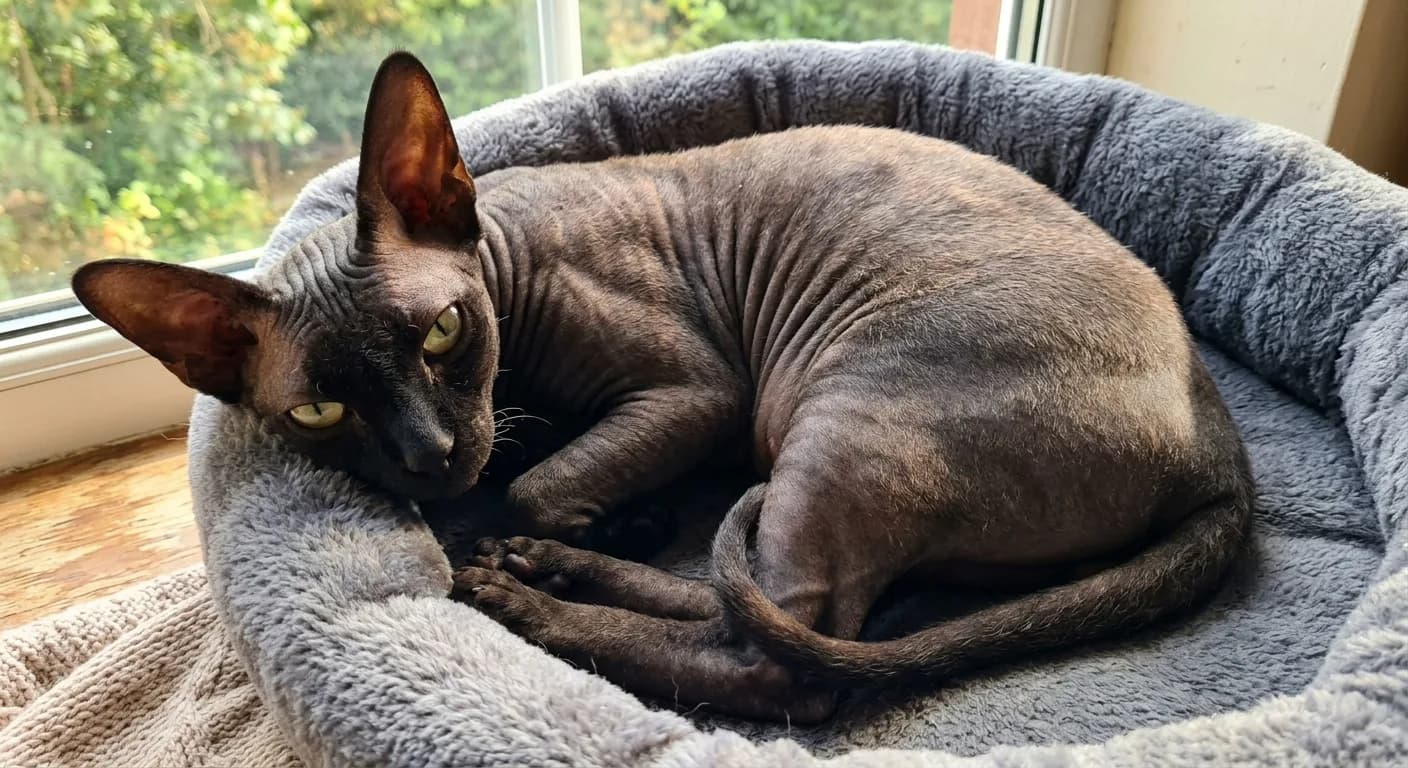 A healthy adult black-skinned Sphynx cat with soft wrinkled suede-like skin and a faint peach-fuzz down, a wedge-shaped head with very large wide-set ears, prominent cheekbones, large lemon-shaped eyes, a sturdy pot-belly body and long slender legs, curled up snugly inside a cozy heated cat bed by a sunlit window
