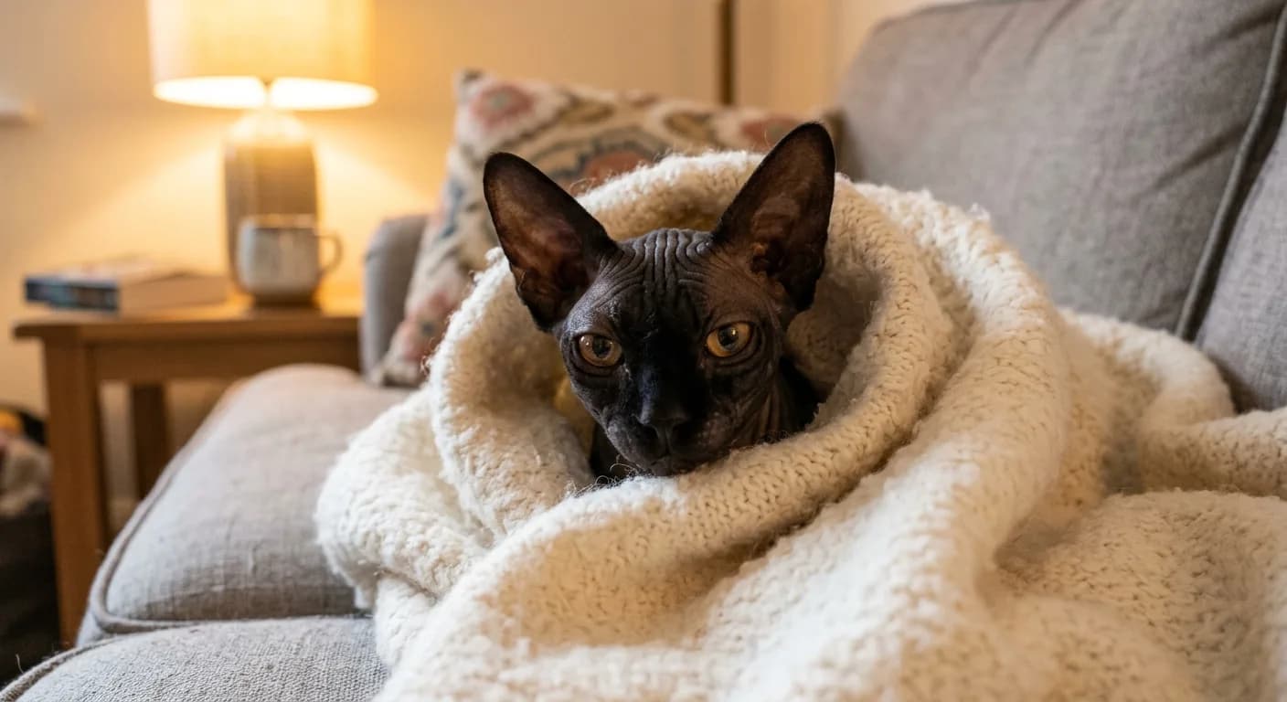 A hairless black-skinned Sphynx cat with deep skin wrinkles, enormous bat-like ears, and large round eyes burrowed into a fluffy cream blanket on a sofa, only its wedge-shaped head and big ears poking out, looking cozy and content in warm lamplight