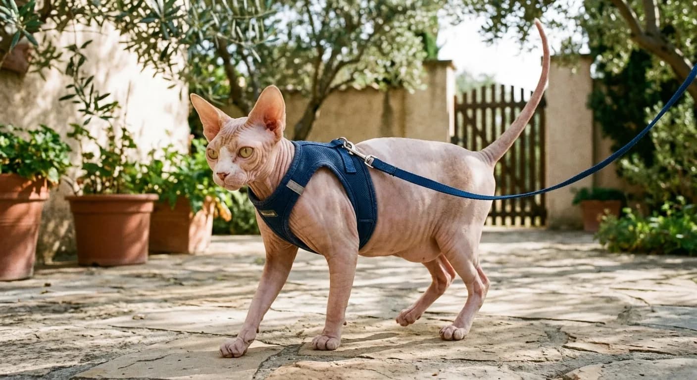 A hairless pink-and-cream Sphynx cat with wrinkled suede skin, oversized ears, a barrel-shaped pot-belly body, and long slender legs wearing a small harness and walking on a leash across a sunlit patio, tail held high, mid-stride and curious