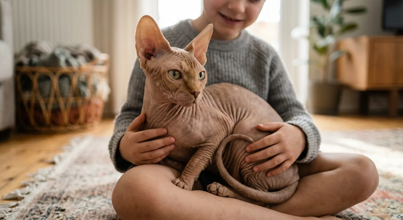 A hairless tan-and-pink Sphynx cat with wrinkled suede skin, very large wide-set ears, prominent cheekbones, and big lemon-shaped eyes sitting calmly in the lap of a gently smiling child on a living-room floor, the cat's whip-like tail wrapped around, relaxed and trusting
