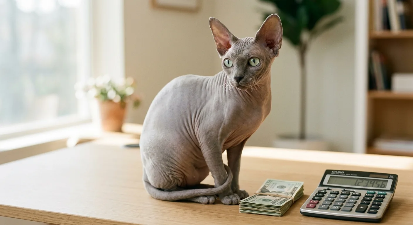 A hairless Sphynx cat with soft wrinkled suede-like dove-grey skin and a fine peach-fuzz down, a wedge-shaped head with very large wide-set ears, prominent cheekbones, and large lemon-shaped eyes, sitting upright beside a small stack of US dollar bills and a calculator on a clean white desk, warm natural light