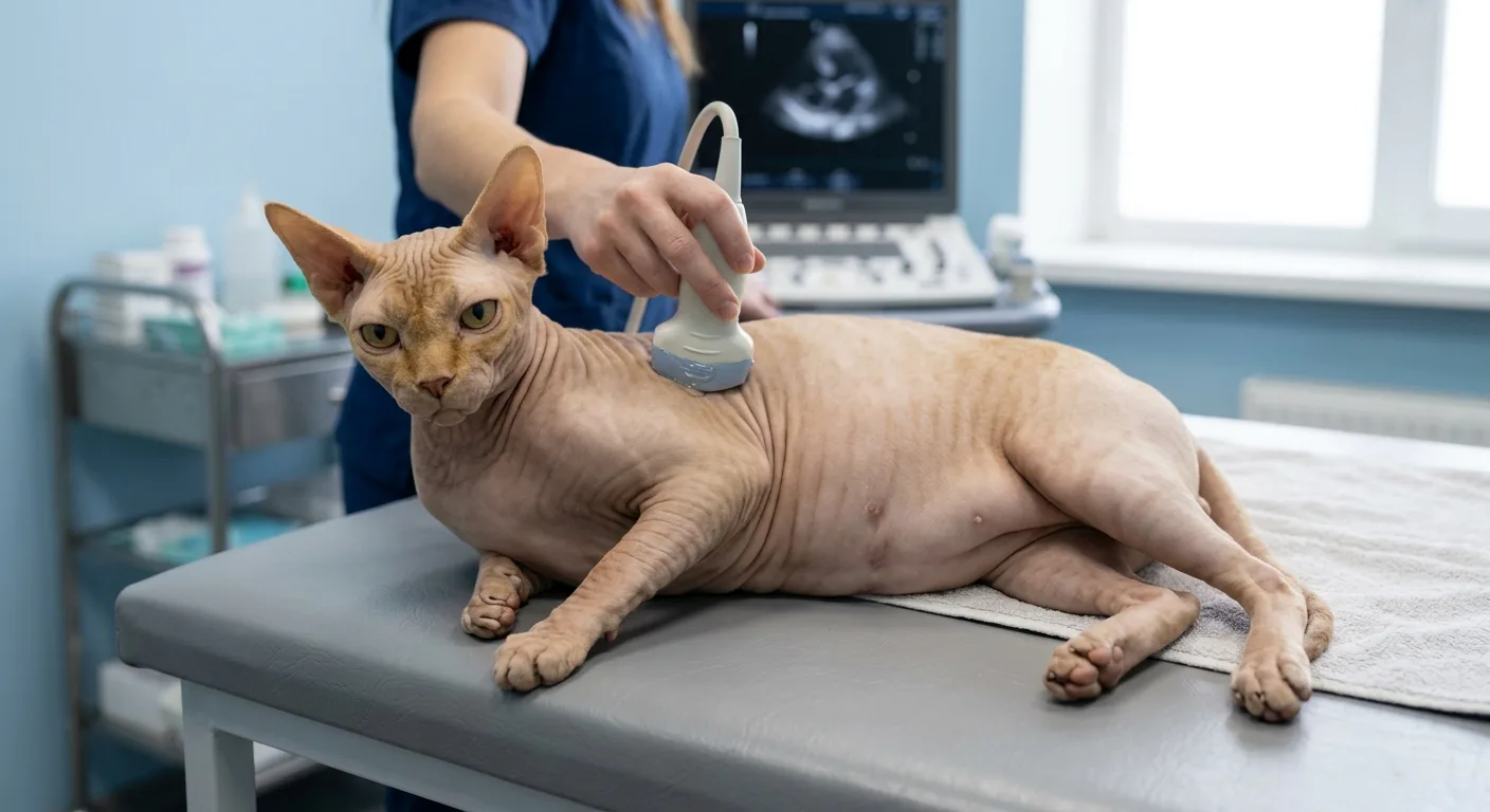 A hairless Sphynx cat with wrinkled warm-beige skin, very large ears, prominent cheekbones, a barrel-shaped pot-belly body, and long slender legs lying calmly on a veterinary exam table while a vet holds an ultrasound probe to its chest for a heart screening, clinical setting