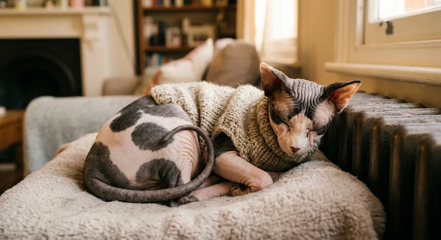 A hairless Sphynx cat with patterned black-and-white spotted skin, a wedge-shaped head, very large wide-set ears, large lemon-shaped eyes, and a whip-like tail, curled up cozily in a tiny knitted sweater on a heated pet bed beside a radiator in a warm living room, soft golden light