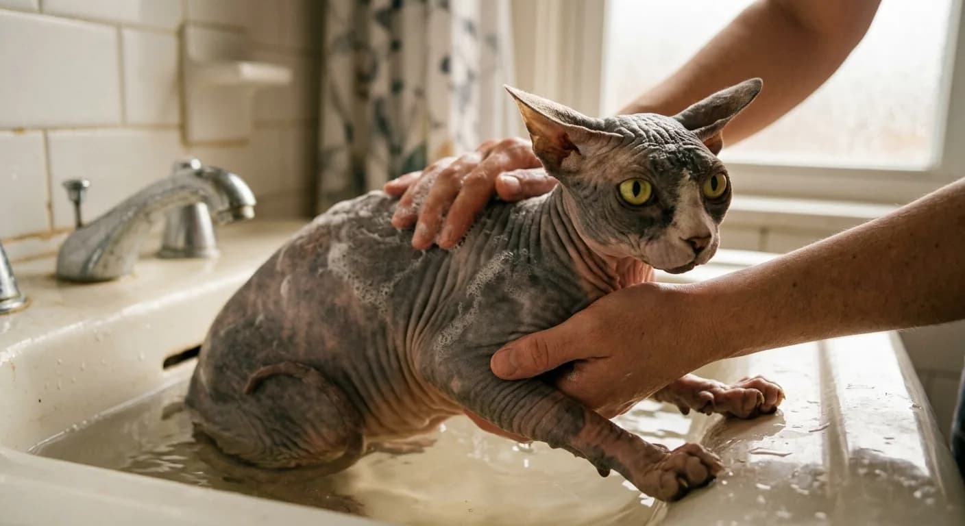 A flocked Sphynx cat being gently bathed in a shallow sink of warm water, soft wrinkled skin slicked and showing its faint downy fuzz, large ears flattened, big lemon-shaped eyes, owner's hands lathering mild suds, warm bathroom light