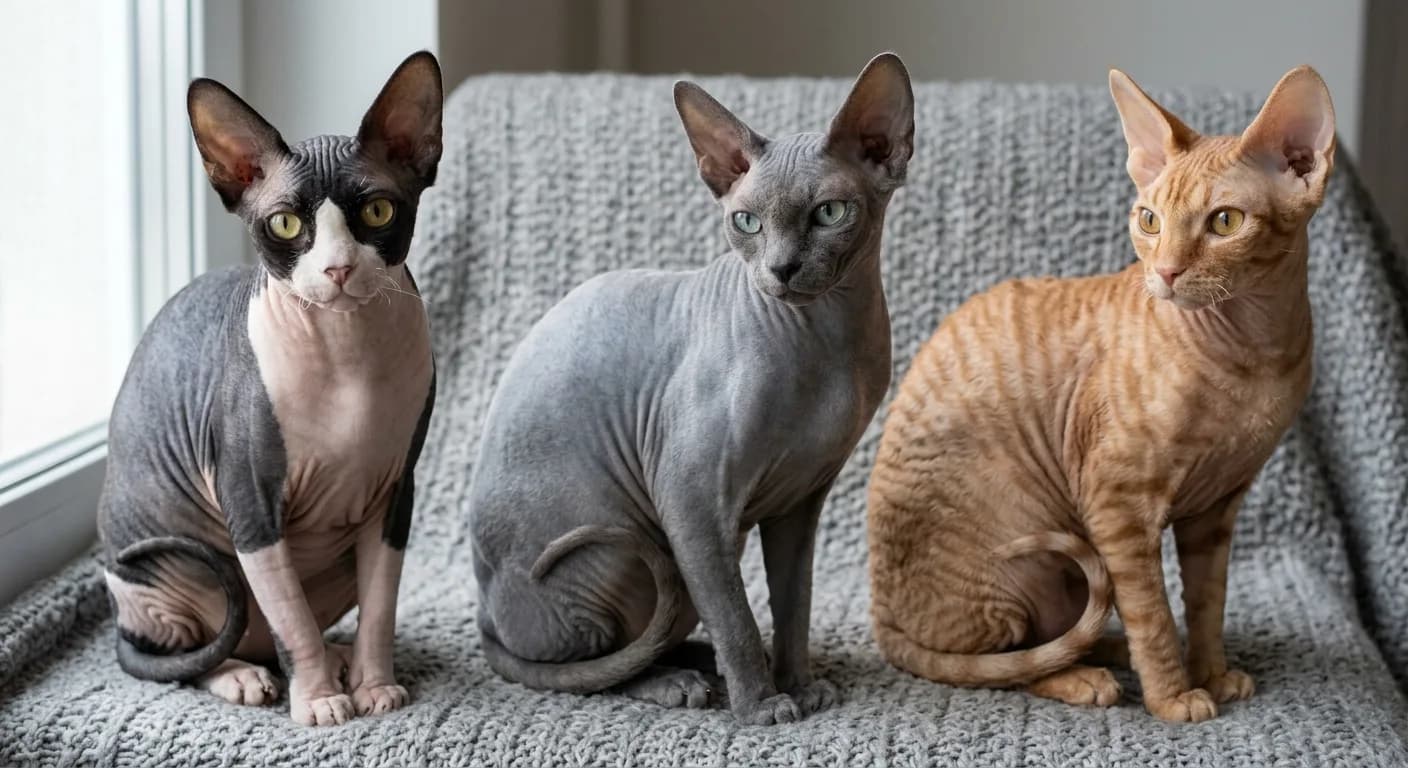 Three hairless Sphynx cats of different skin colors sitting side by side to show coat variation, one nearly bare with smooth wrinkled skin, one with a visible soft flocked peach-fuzz sheen, and one with a heavier wavy brush-coat texture, all with wedge-shaped heads, huge ears, prominent cheekbones, and whip-like tails, even soft lighting