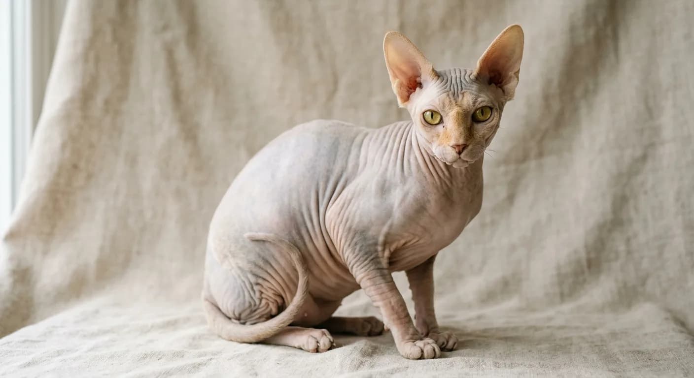 A hairless Sphynx cat with soft wrinkled suede-like skin showing a faint peach-fuzz down, a wedge-shaped head with very large wide-set ears, prominent cheekbones, large lemon-shaped eyes, and a sturdy barrel body, lit to reveal the fine downy hair on the ears and nose, on a soft neutral studio backdrop