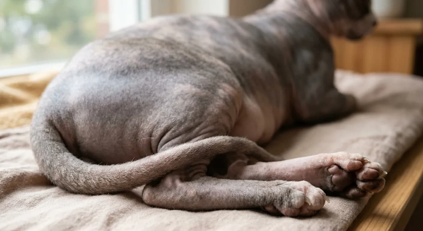 Close-up of a Sphynx cat's whip-like tail and hind toes showing short fine hairs and a soft downy fuzz against warm wrinkled pigmented skin, the rest of the barrel body softly out of focus, natural window light