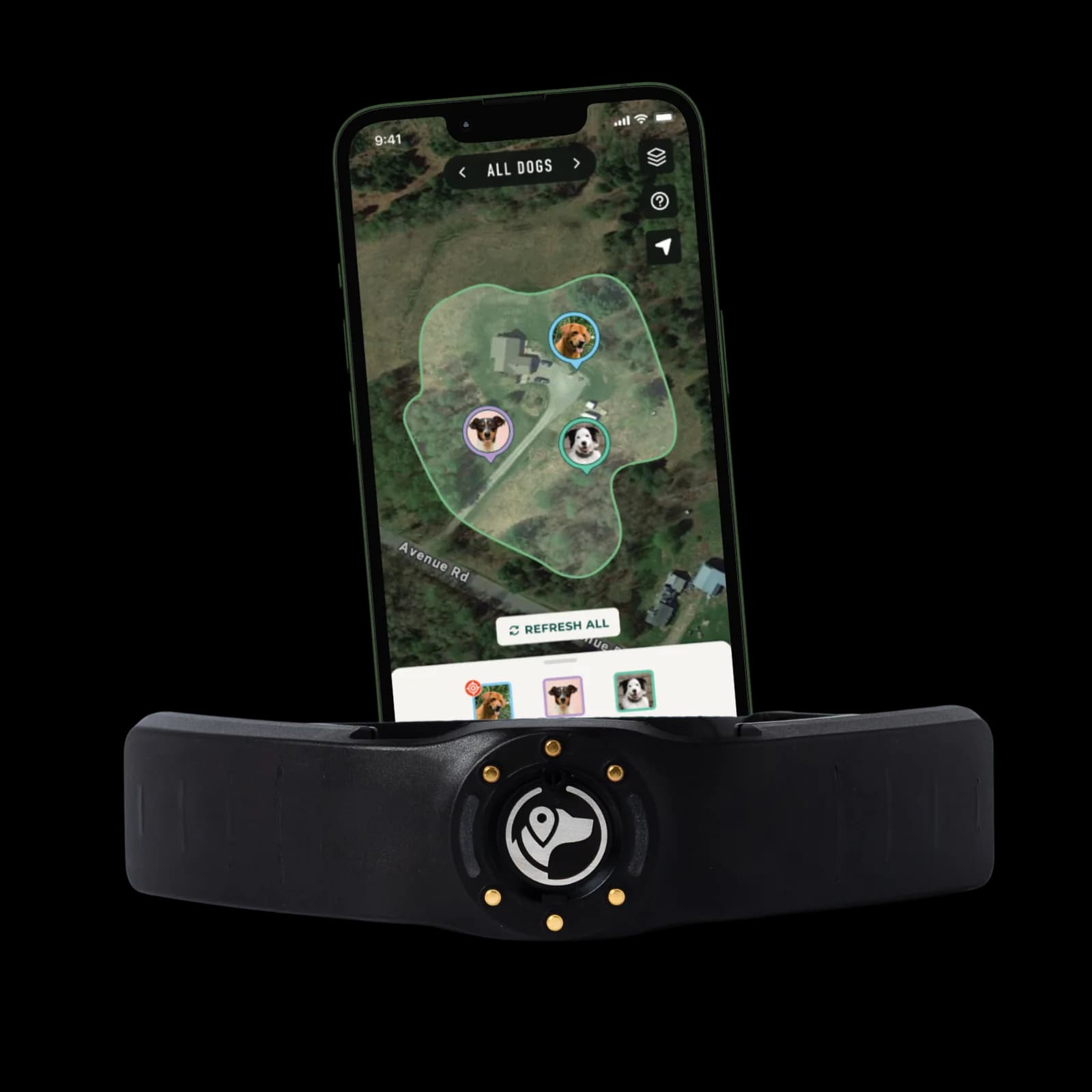 SpotOn app tracking three dogs within one GPS fence on a satellite map, beside the SpotOn collar