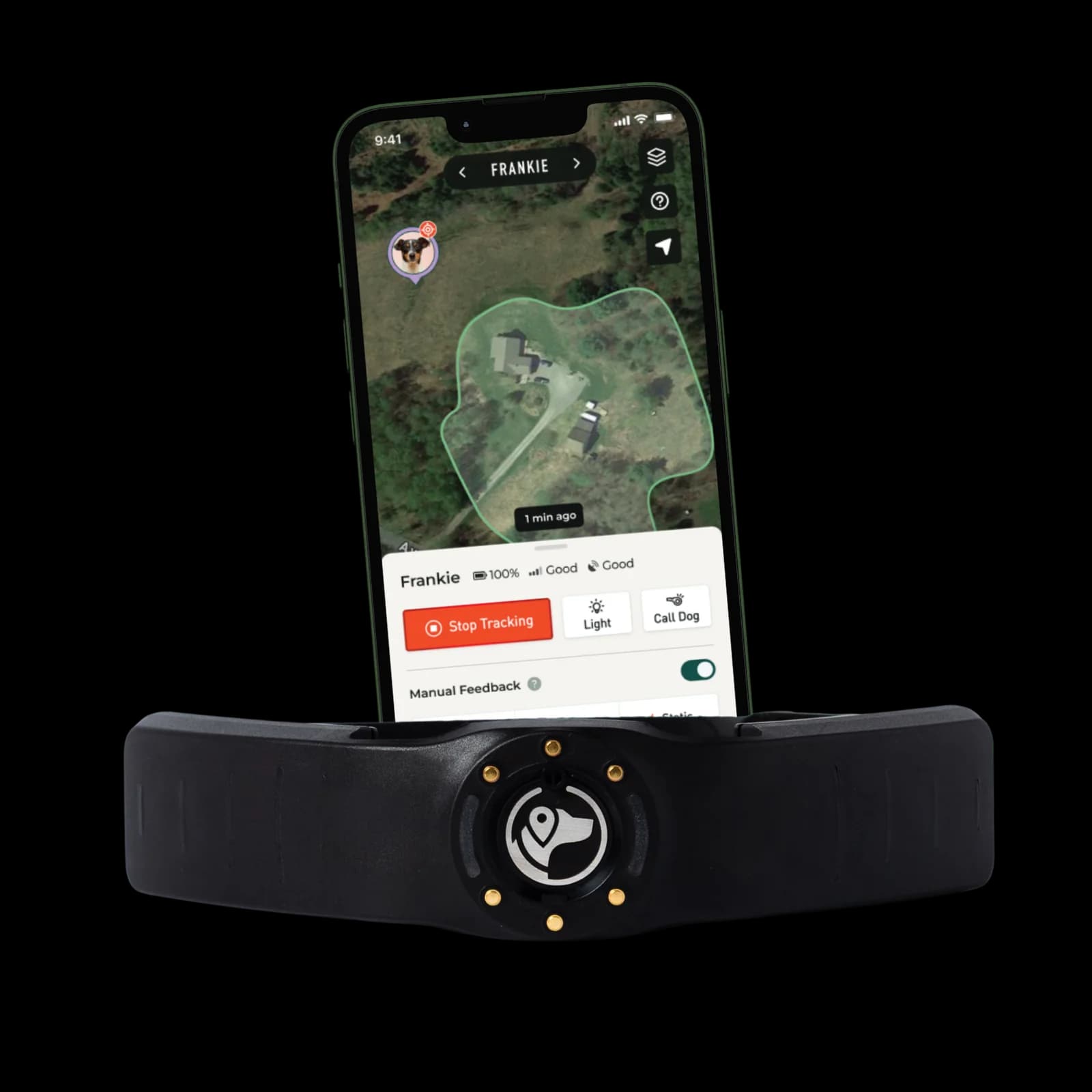 SpotOn app live tracking screen with stop tracking, light, and call dog controls, beside the SpotOn collar