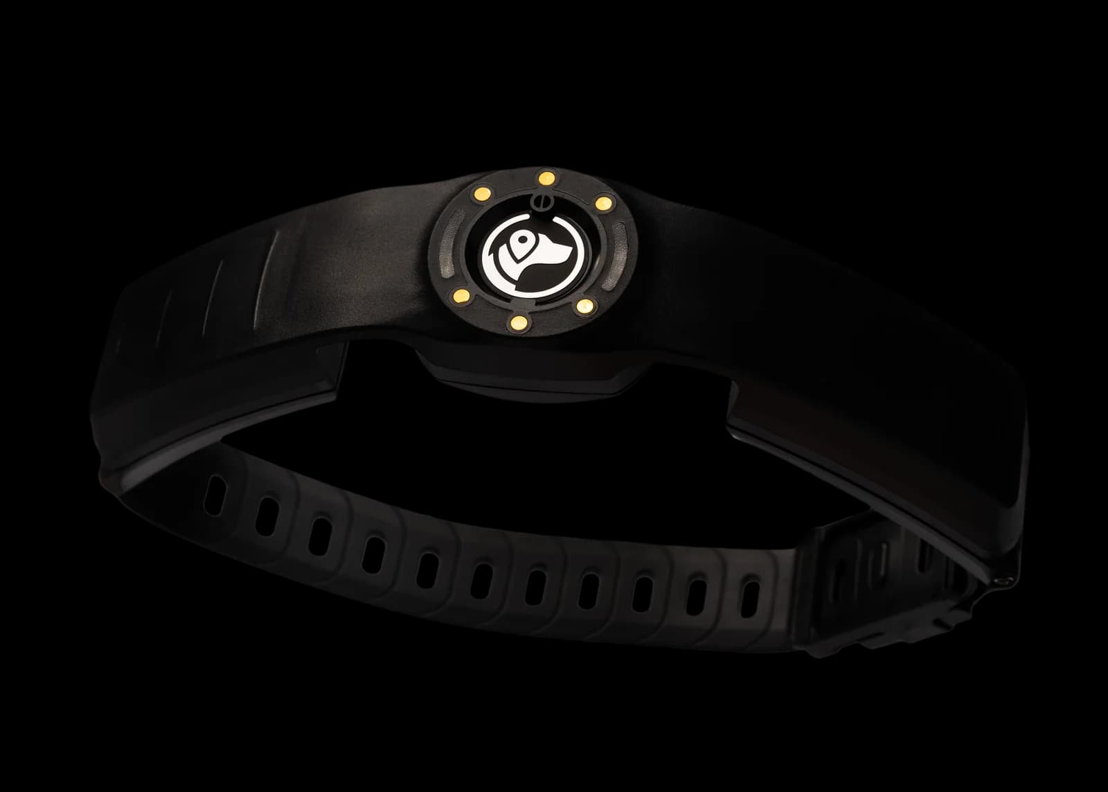 Top view of the SpotOn GPS dog fence collar showing its GPS module and adjustable strap