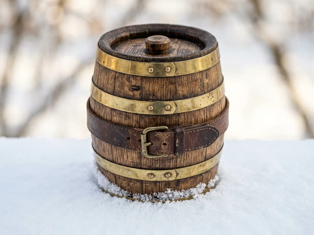 A small weathered oak keg with brass hoops and a leather collar strap resting on fresh snow
