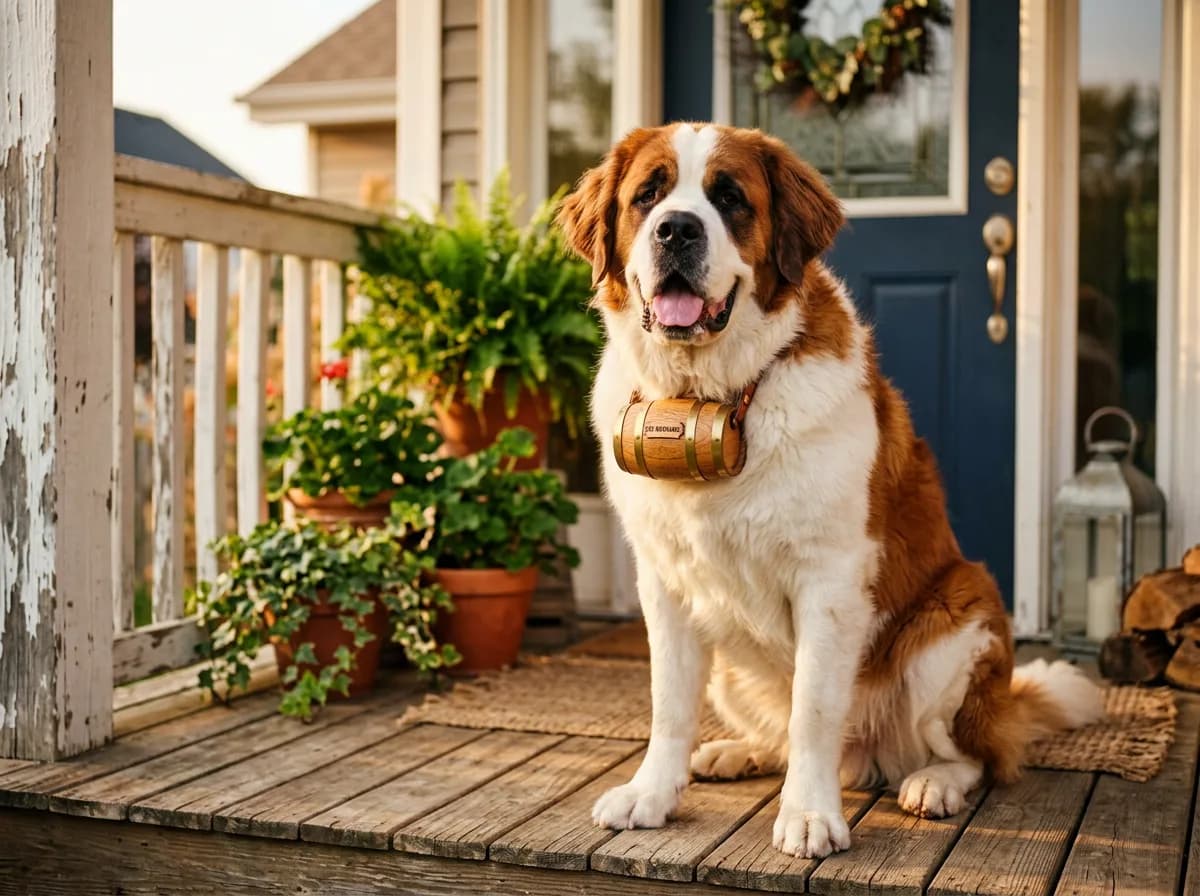 A modern Saint Bernard sitting on a sunny front porch wearing a decorative novelty barrel collar