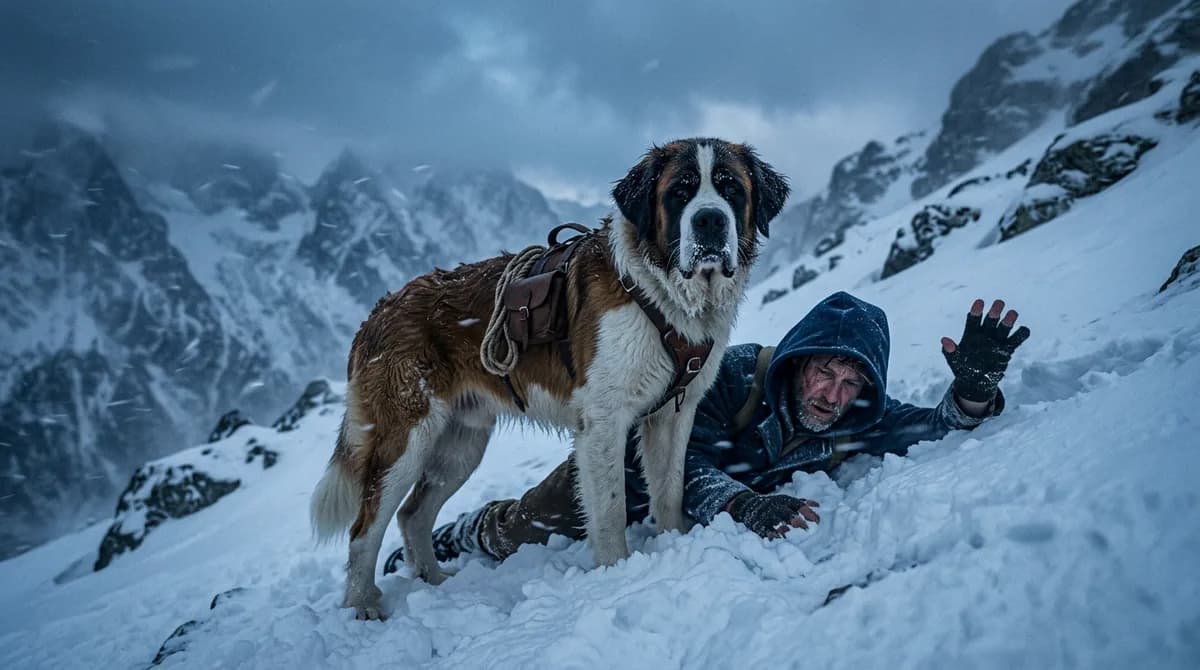 A Saint Bernard standing guard over a traveler who has fallen in deep mountain snow during a storm