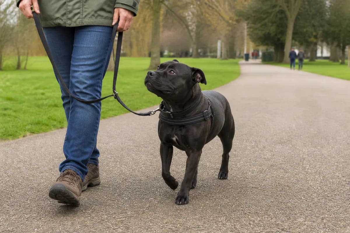Staffordshire Bull Terrier practicing calm, controlled social exposure while loose-leash walking with an adult handler