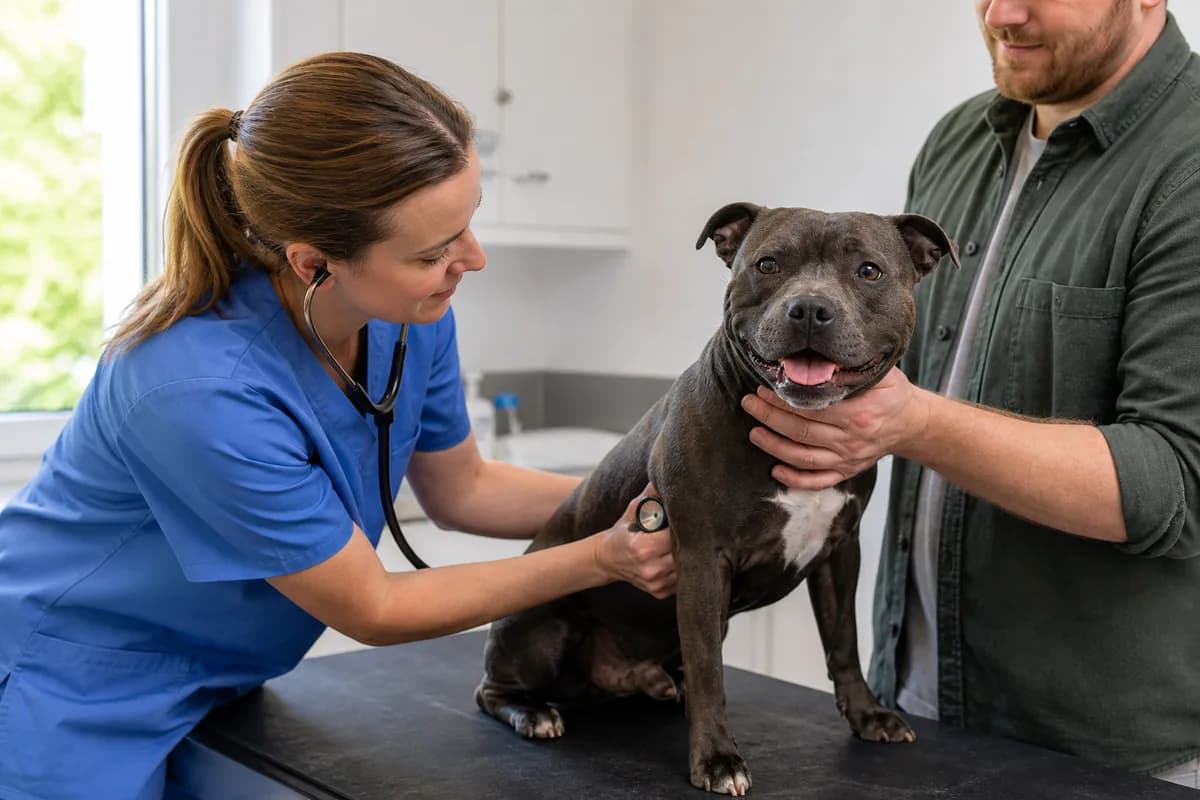 Staffordshire Bull Terrier receiving a calm veterinary health examination