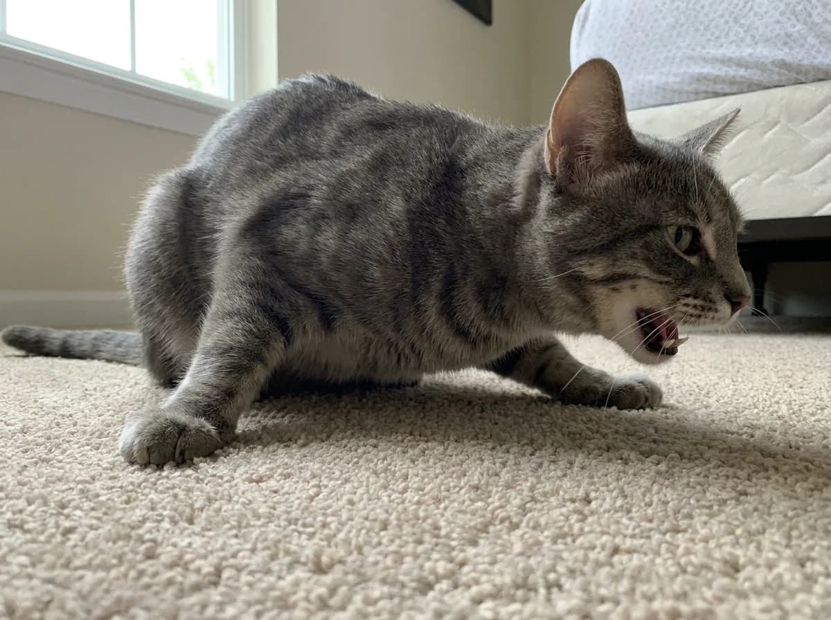 Gray tabby cat in asthma attack posture, crouched low with neck stretched forward and mouth open