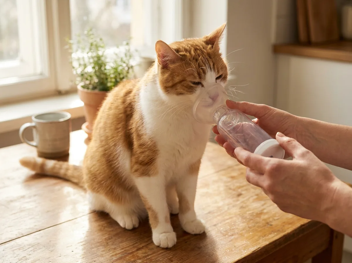 Orange and white cat calmly breathing through a feline spacer mask held by an owner's hands