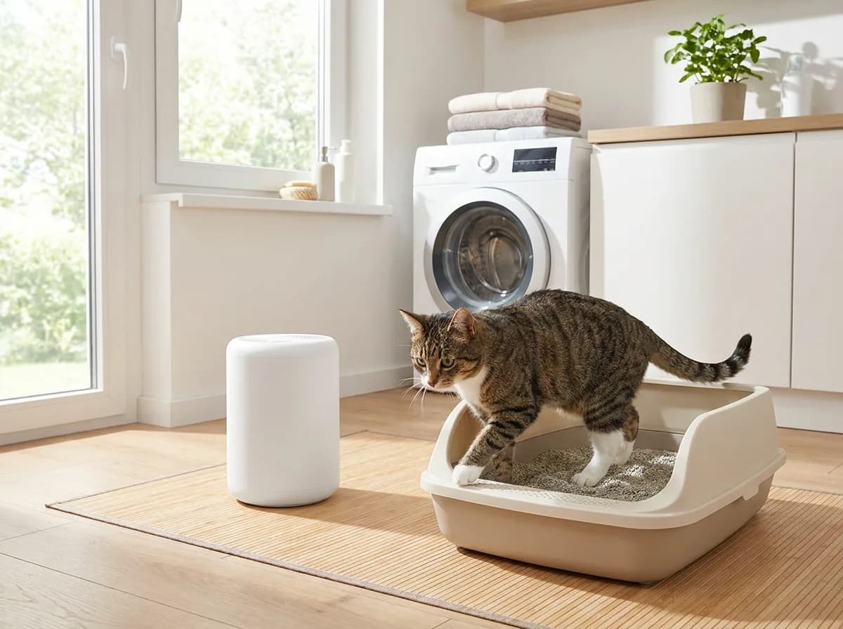 Tabby cat stepping out of a low-dust litter box beside a small white air purifier in a laundry room