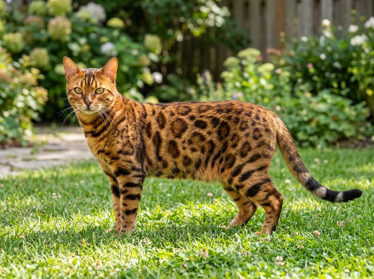 A Bengal cat with bold dark rosettes and spots on a golden coat, a clear example of a spotted tabby breed, standing alert on grass