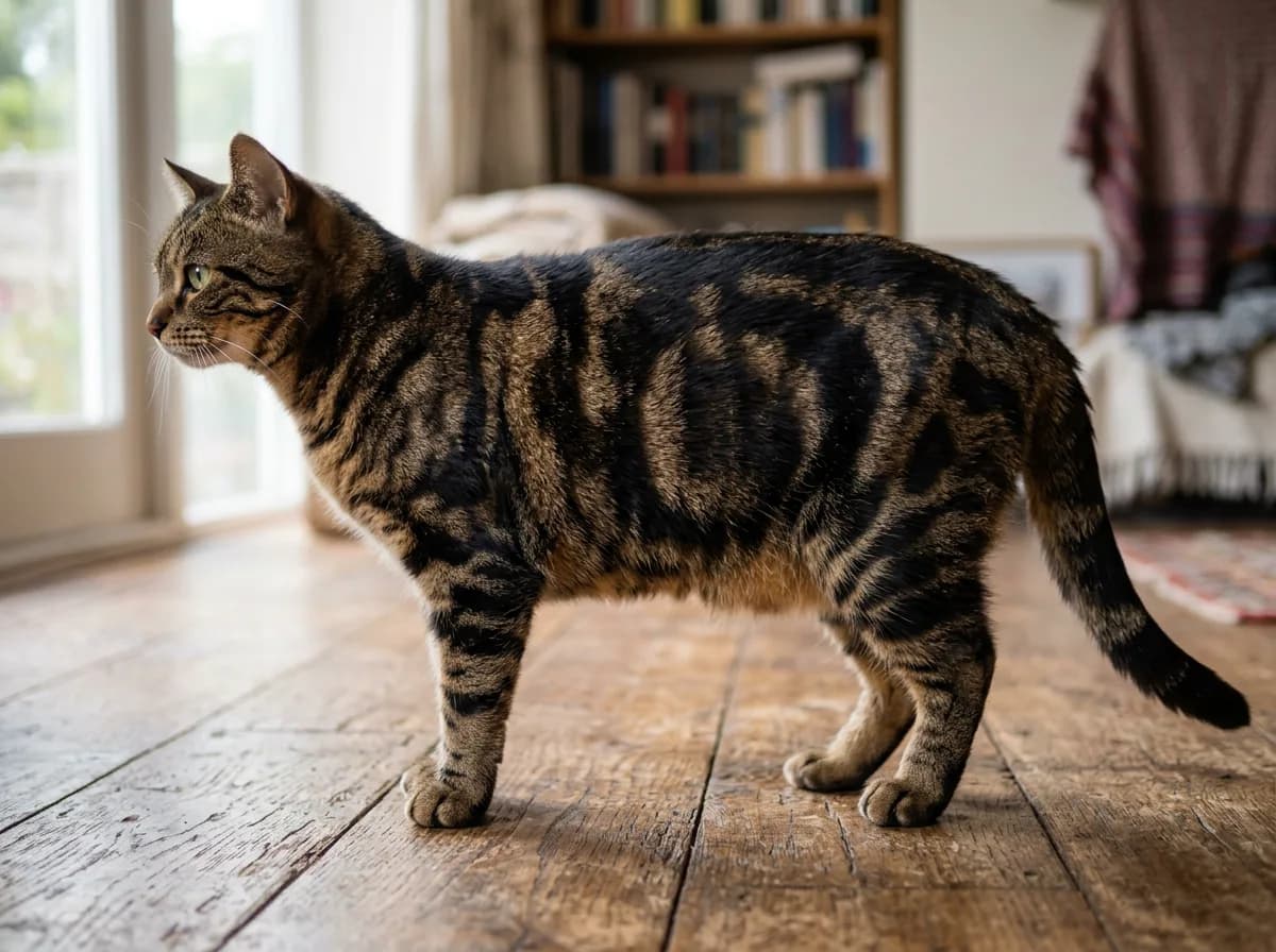 A brown classic tabby cat showing the bold swirled bullseye pattern on its flank, the dark whorls clearly marbled against a lighter ground