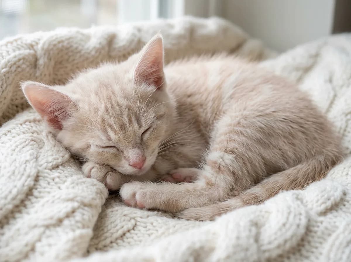 A pale cream tabby kitten with faint peach-toned dilute stripes, sleeping curled up on a light blanket