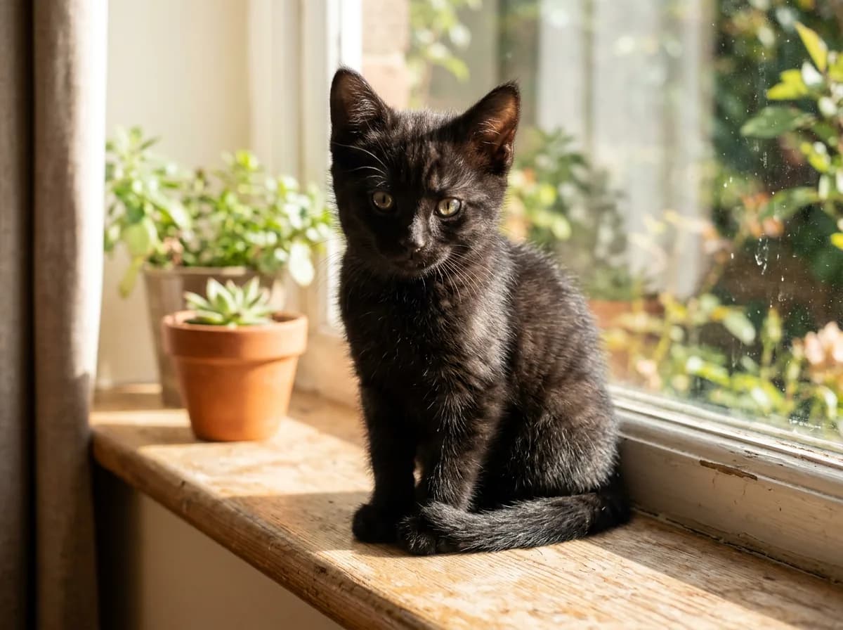 A solid black kitten in bright sunlight revealing faint "ghost" tabby stripes on its face and legs, showing the hidden underlying pattern