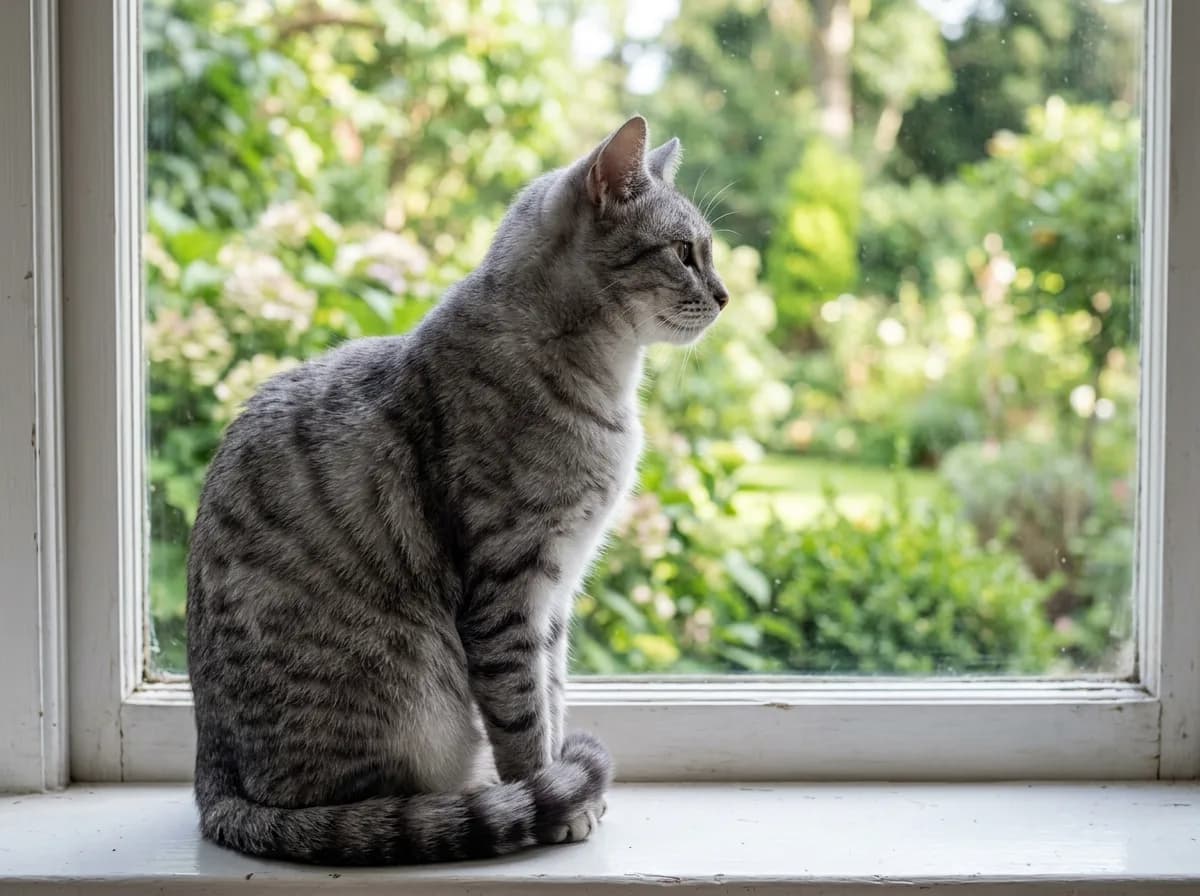 A gray (blue) mackerel tabby cat sitting on a windowsill, its silvery-gray stripes lit by daylight as it looks outside