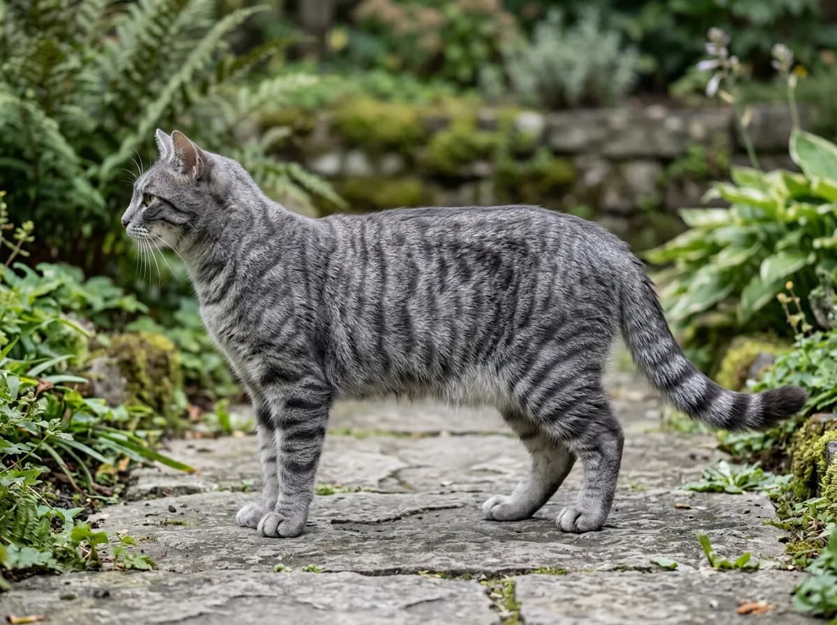 A gray mackerel tabby cat photographed from the side, showing thin parallel vertical stripes running down from a darker spine line like fish bones