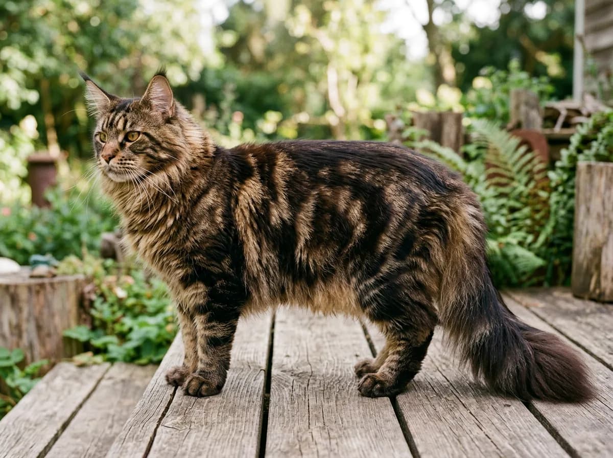 A large brown classic tabby Maine Coon cat with tufted ears and a bushy tail, the swirled pattern visible on its long fur