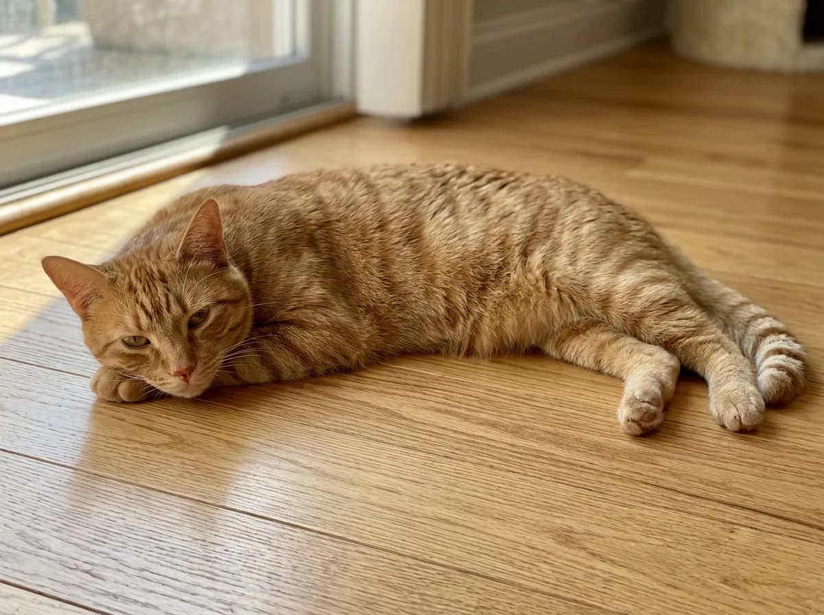 A bright orange mackerel tabby cat lying on a wooden floor, deeper orange stripes along its body and a ringed tail