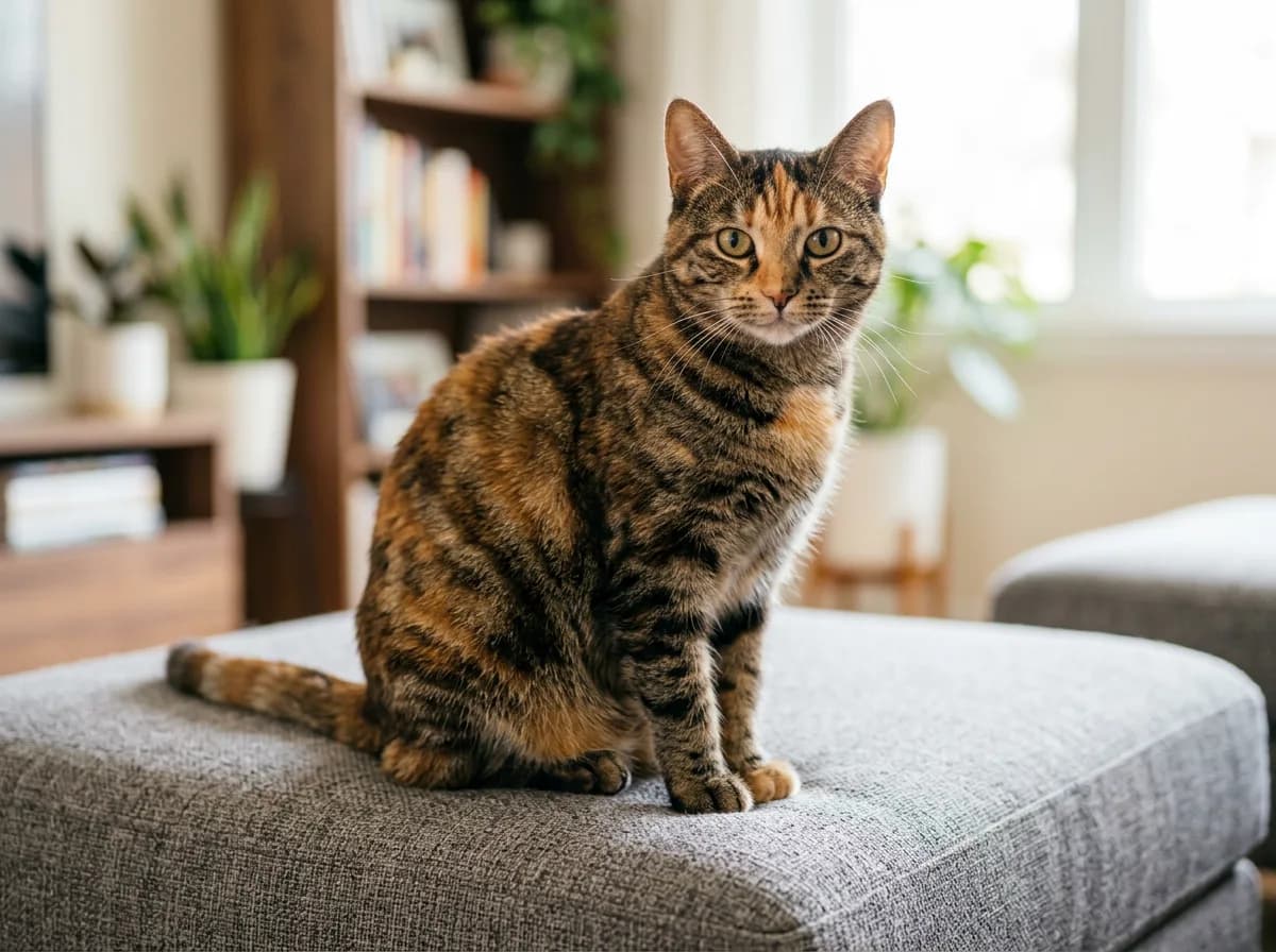 A torbie cat showing tabby stripes woven through patches of orange and brown-black tortoiseshell color, with the striping visible inside the darker blocks