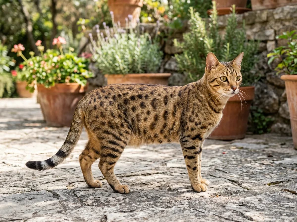 A spotted tabby cat with distinct round dark spots across its golden coat, resembling a small wild cat, standing on a patio
