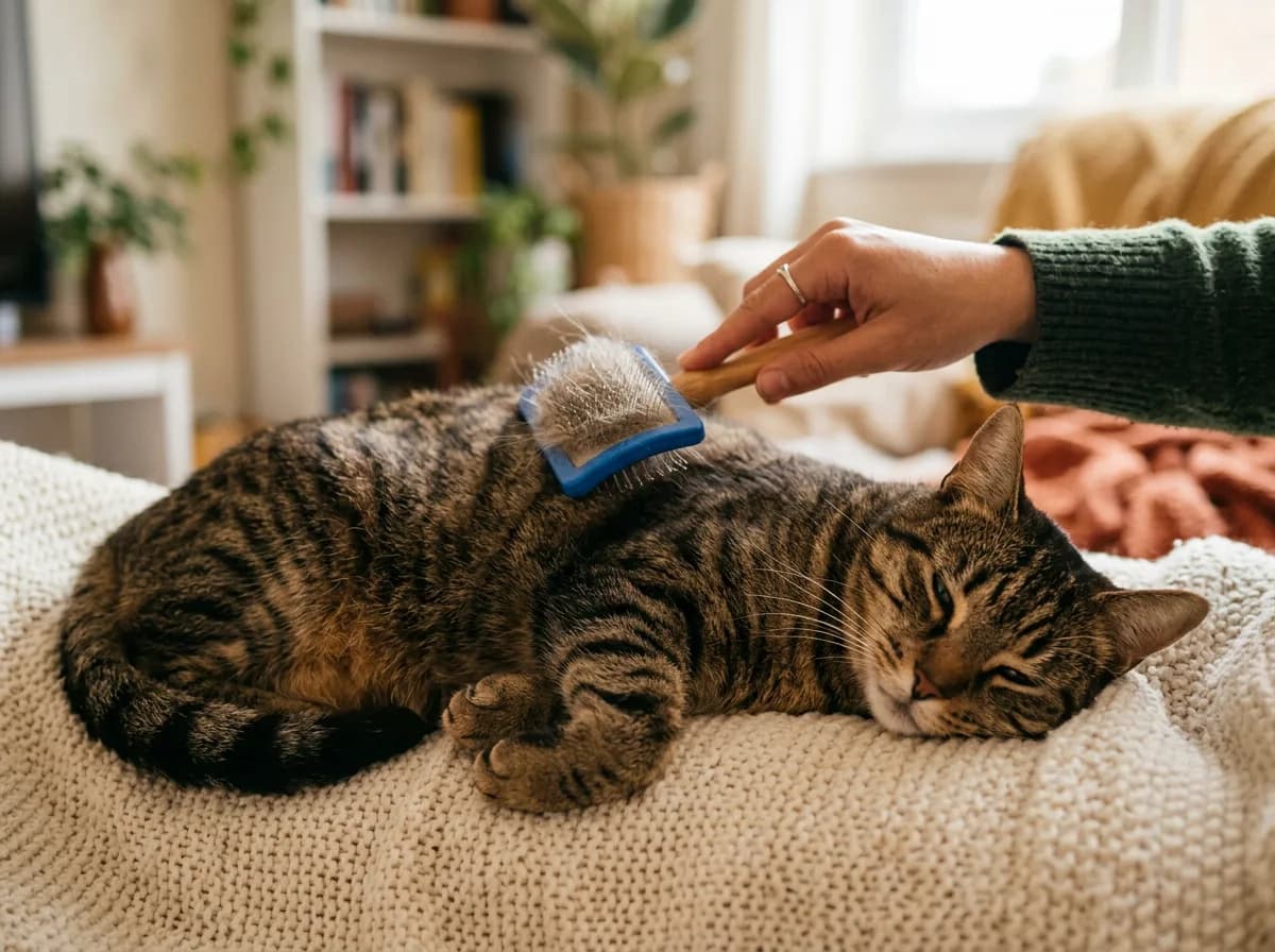 A brown tabby cat being gently brushed with a grooming brush, loose fur visible, relaxed on a soft blanket