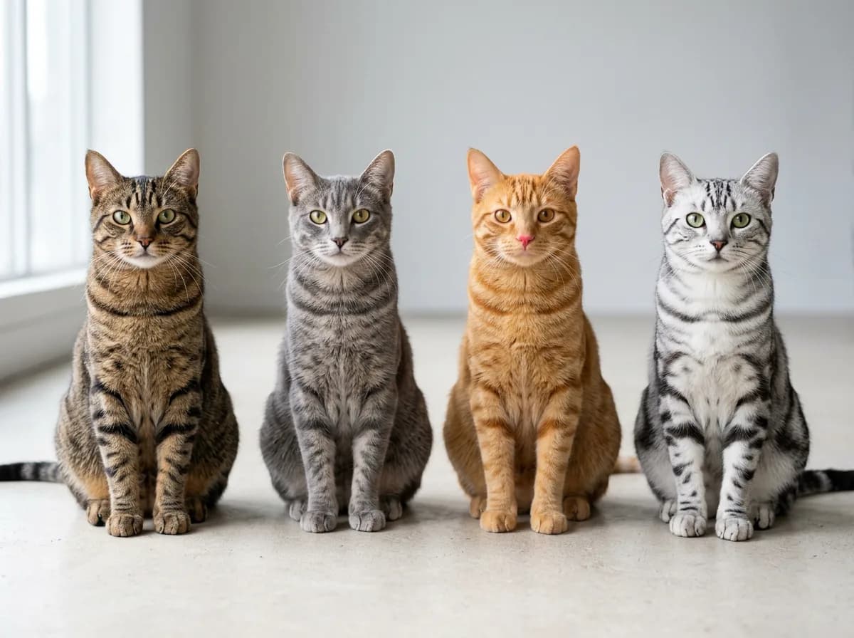 A gallery of four tabby cats in different colors: a brown tabby, a gray tabby, an orange tabby, and a silver tabby, each showing the same striped pattern in a different coat color