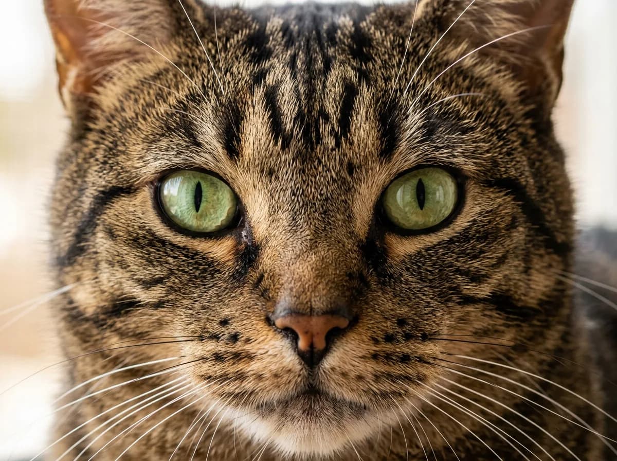 A close-up of a brown tabby cat's face showing the distinct dark M-shaped marking on the forehead between and above the eyes