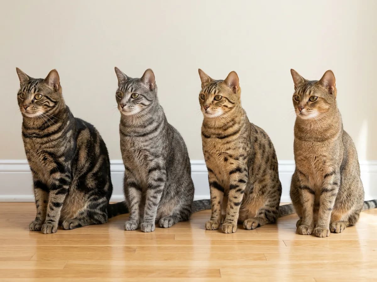 Four tabby cats side by side showing the classic swirled pattern, the mackerel striped pattern, the spotted pattern, and the ticked pattern for visual comparison