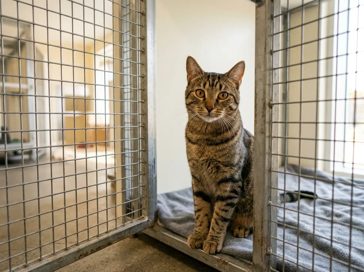 A brown tabby cat sitting inside a shelter adoption enclosure, looking out through the open wire door with hopeful amber eyes
