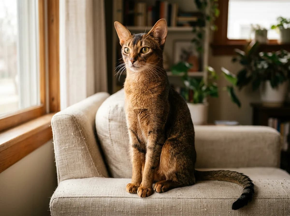 An Abyssinian cat with a warm ticked tabby coat showing a salt-and-pepper agouti effect and almost no body stripes, with faint markings only on the face and legs