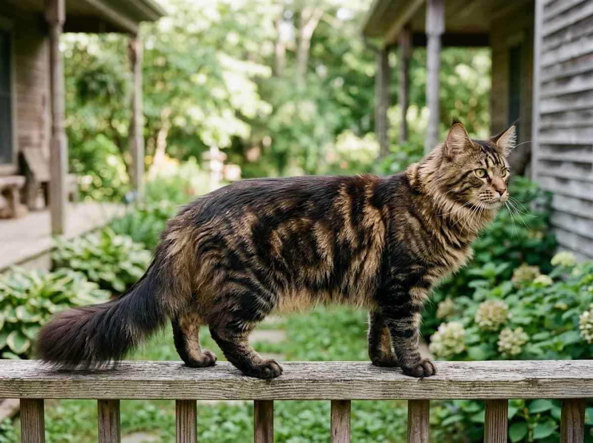 Large brown tabby Maine Coon cat with black stripes over a warm brown ticked ground color, standing on a porch railing