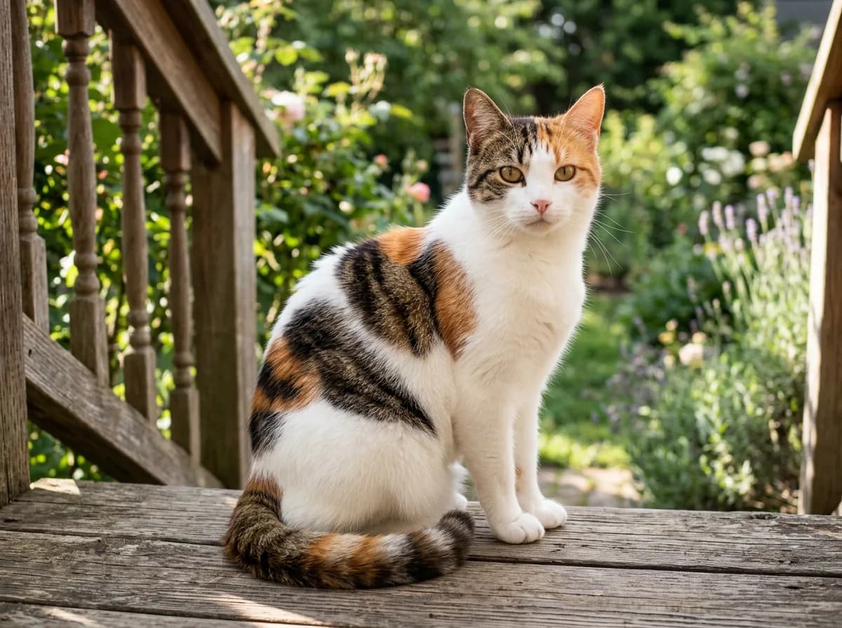 Caliby cat with a mostly white coat and distinct patches of brown tabby striping and orange, sitting on a sunny porch step
