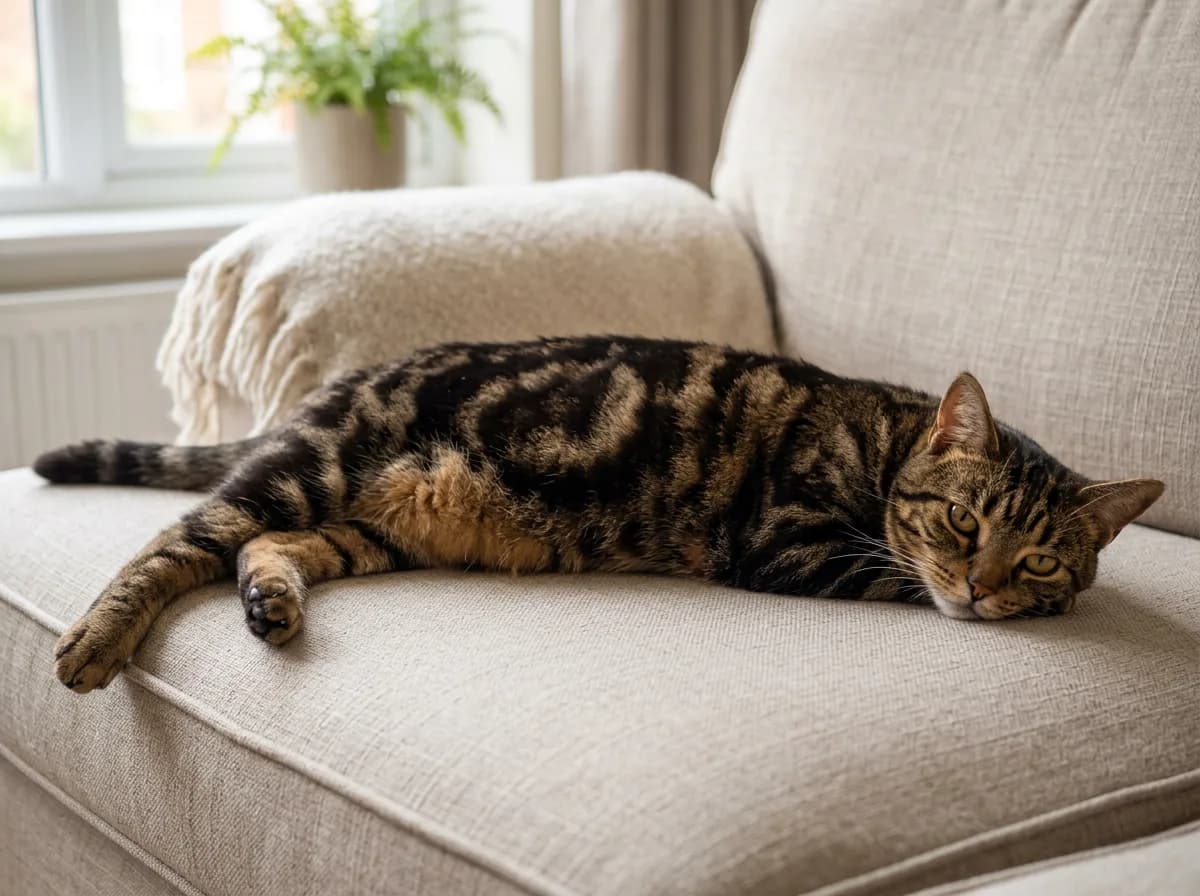 Brown classic tabby cat lying on a sofa, showing the bold dark bullseye swirl on its side and butterfly marking over the shoulders