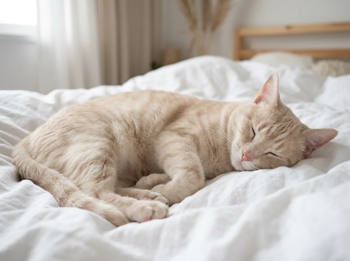 Cream tabby cat with pale buff stripes on an ivory ground, dozing on a white duvet in diffused daylight