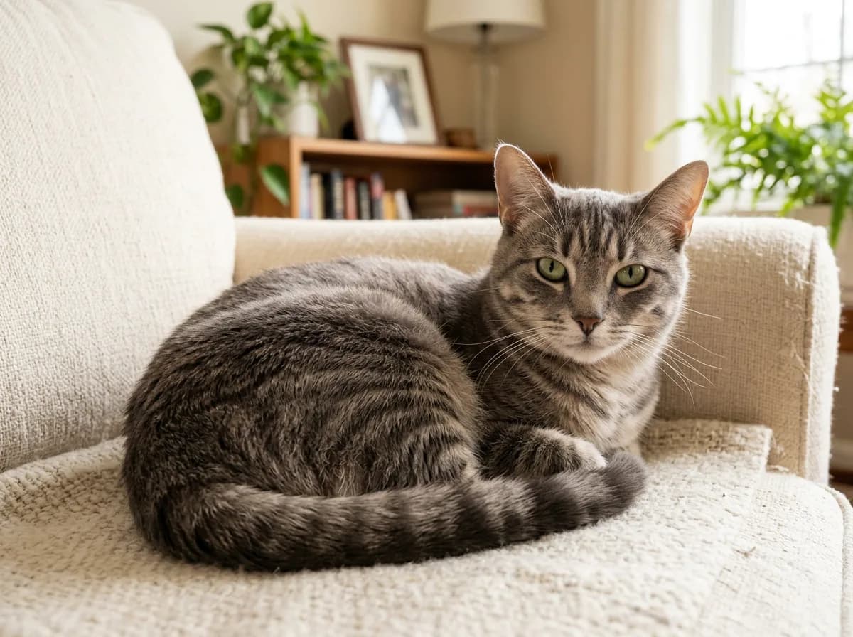 Blue-grey tabby cat with soft slate stripes and a buff-grey ground color, curled on a cream armchair