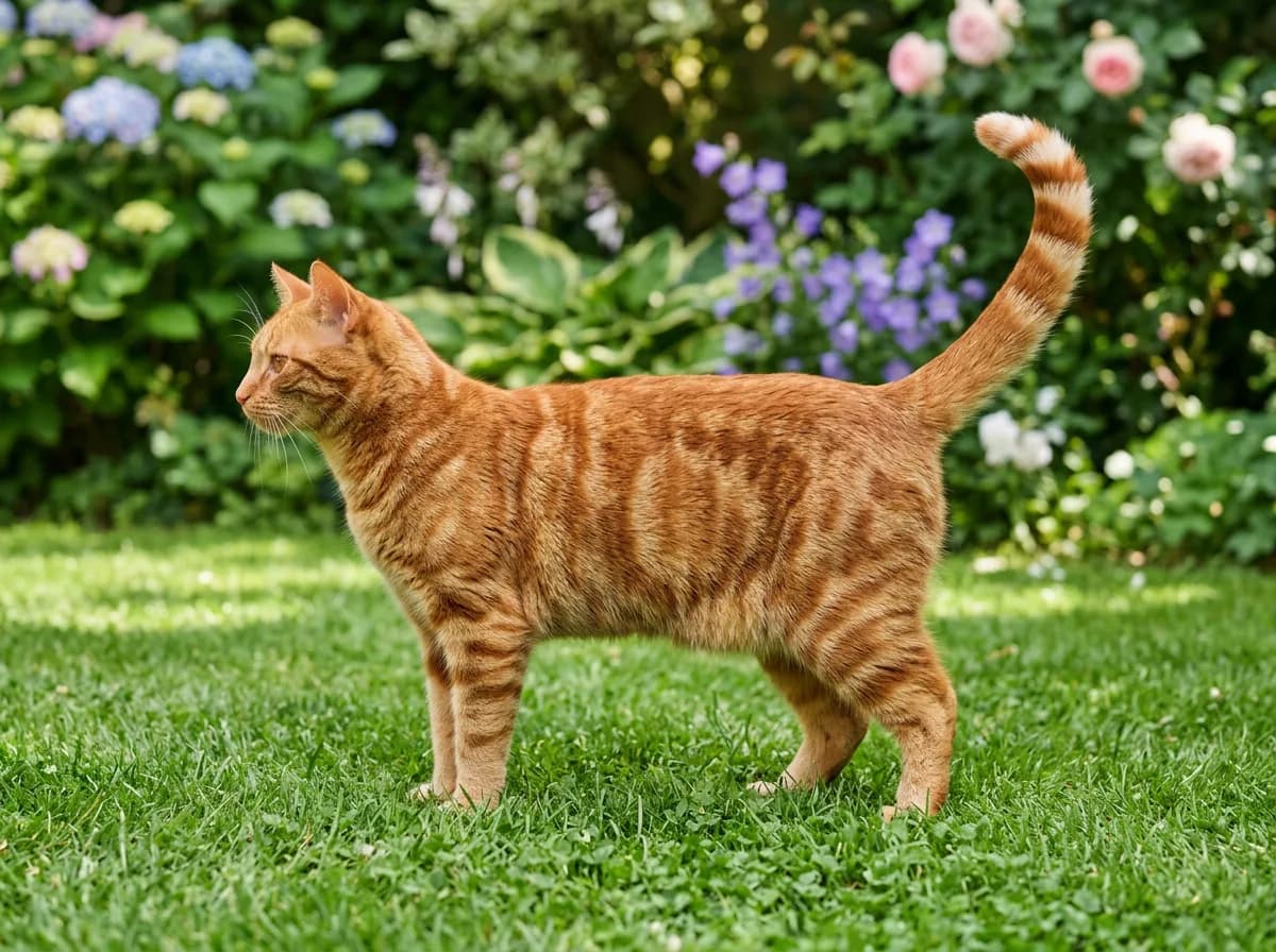 Orange mackerel tabby cat standing in a garden, narrow parallel stripes running down its sides like fishbones
