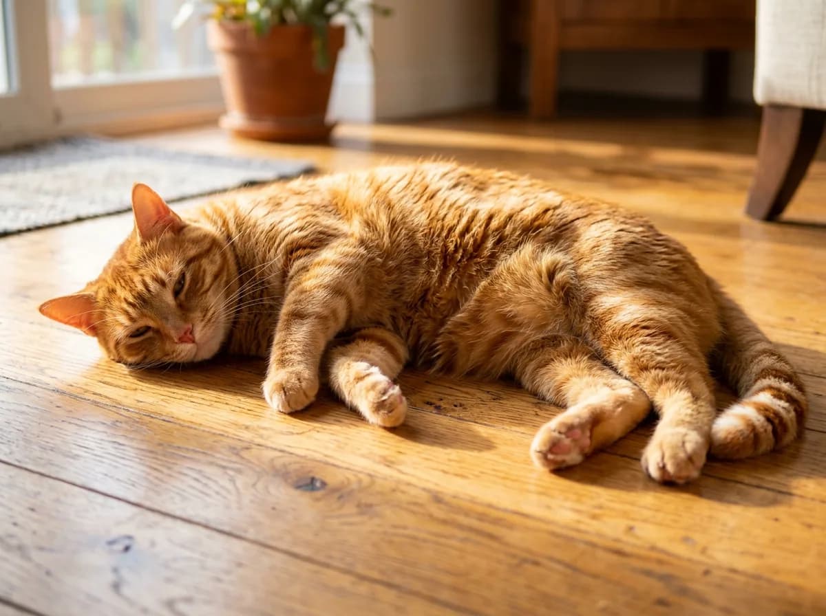 Orange tabby cat with deep red mackerel stripes sprawled in a sunny patch on a hardwood floor