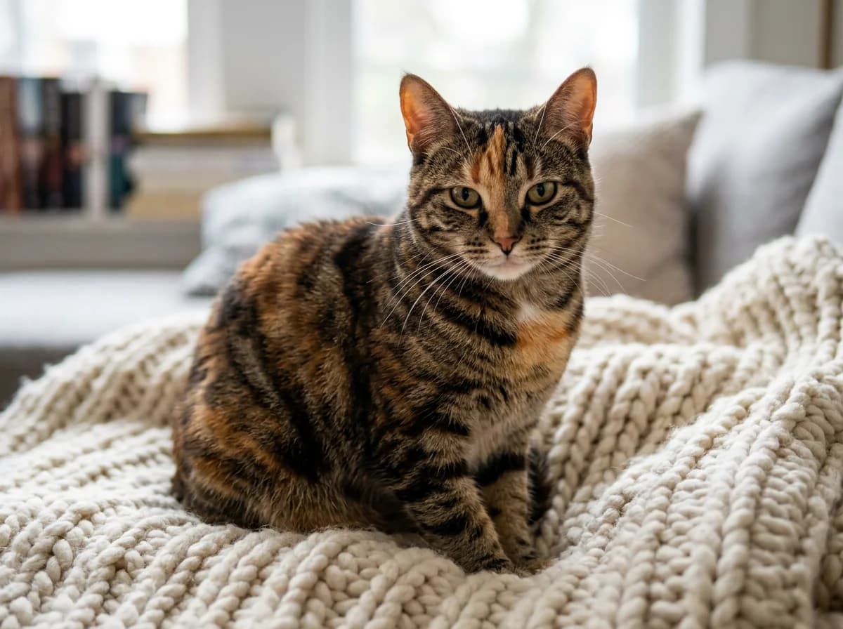 Patched tabby (torbie) cat showing brown tabby stripes interwoven with red and cream tortoiseshell patches, resting on a knitted blanket