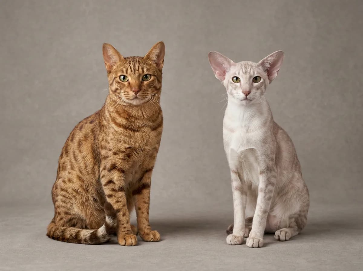 Cinnamon spotted Ocicat beside a pale lilac-cream tabby Oriental Shorthair, both sitting on a neutral studio backdrop