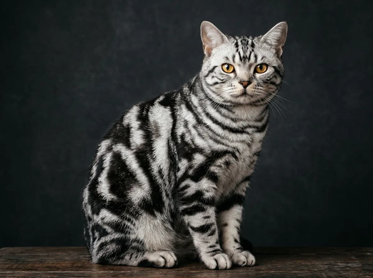 Silver classic tabby American Shorthair with jet black swirls over a sparkling white undercoat, sitting upright against a dark background