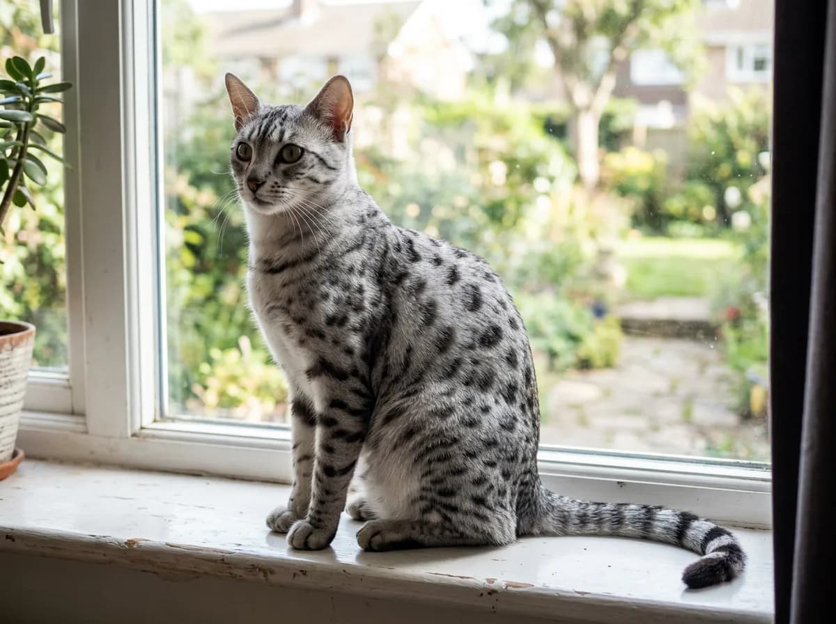Spotted tabby cat with round dark spots across its silver-gray flank, sitting alert on a windowsill