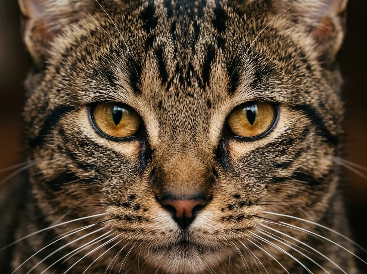 Close-up of a brown tabby cat's face showing the distinct dark M-shaped marking on its forehead above amber eyes